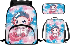Back Pack for School Kids Preschool Astronaut Axolotl Backpack for 2nd Grade Boys 12 Inch 3 in 1 Bookbag Set with Lunch Bag Pencil Case for Daily Use or Outdoor Picnic