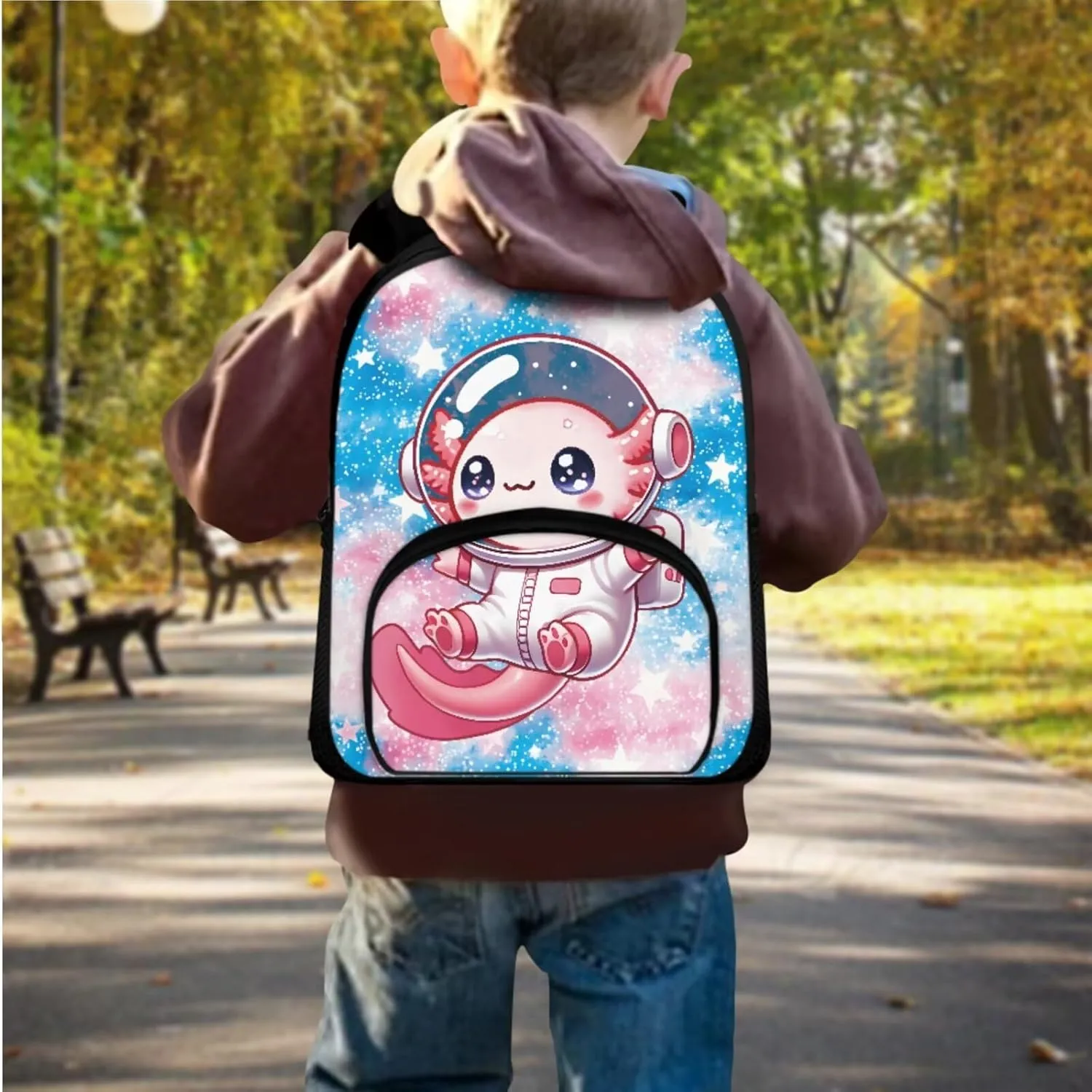 Back Pack for School Kids Preschool Astronaut Axolotl Backpack for 2nd Grade Boys 12 Inch 3 in 1 Bookbag Set with Lunch Bag Pencil Case for Daily Use or Outdoor Picnic