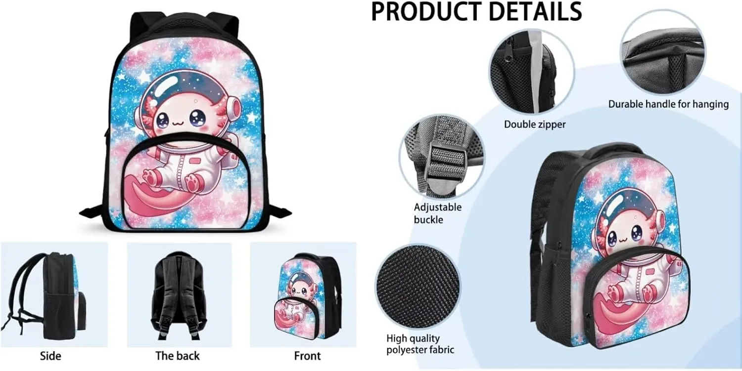 Back Pack for School Kids Preschool Astronaut Axolotl Backpack for 2nd Grade Boys 12 Inch 3 in 1 Bookbag Set with Lunch Bag Pencil Case for Daily Use or Outdoor Picnic