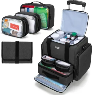 BAFASO Rolling Medicine Bag with 3 Inner Removable Pouches and Detachable Dolly, Rolling Pill Bottle Organizer for Daily Use, Black