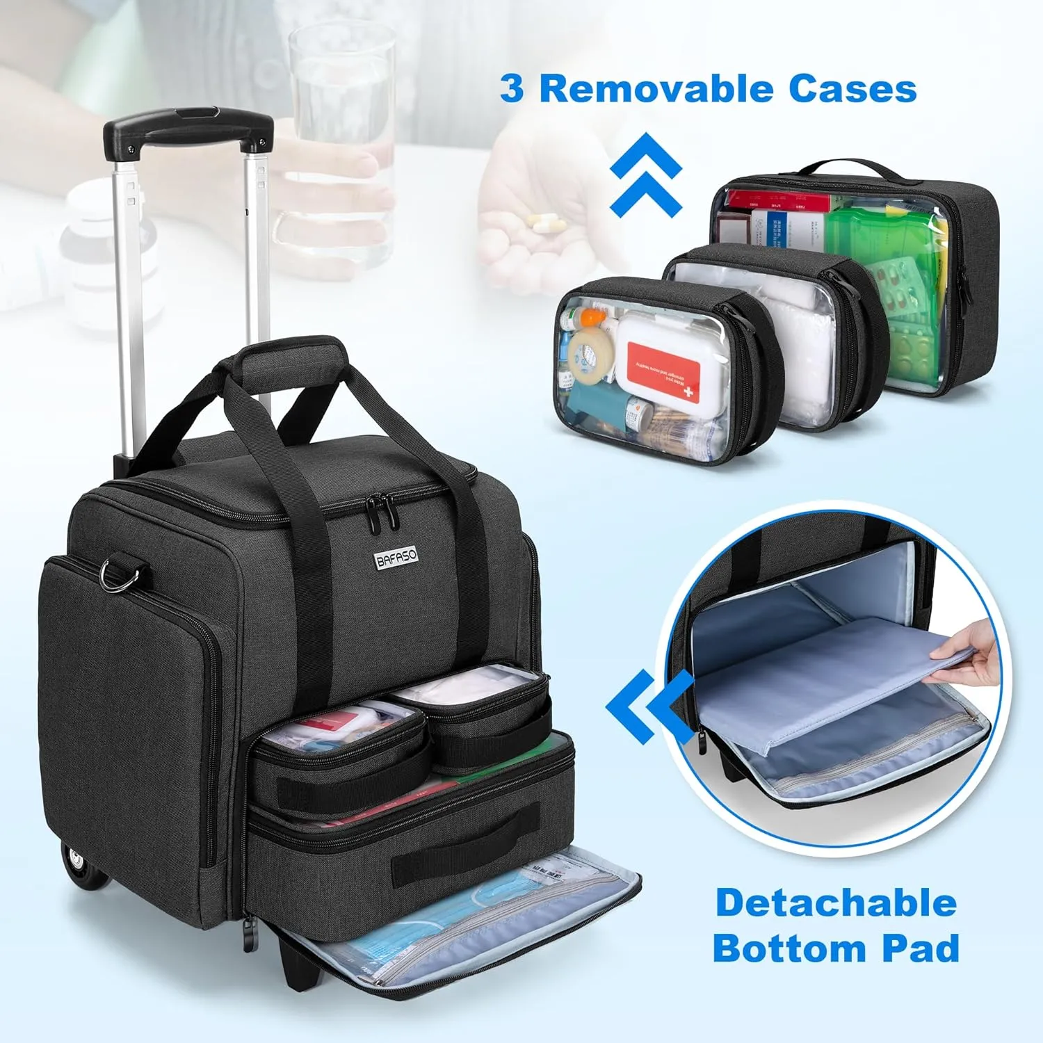 BAFASO Rolling Medicine Bag with 3 Inner Removable Pouches and Detachable Dolly, Rolling Pill Bottle Organizer for Daily Use, Black