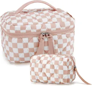 BAGSMART Travel Makeup Bag, 2-Piece Puffy Quilted Cute Make Up Bag Cosmetic Bags for Women, Large Wide-Open Toiletry Pouch Gifts for Toiletries Accessories Travelling Essentials, Checkered Khaki