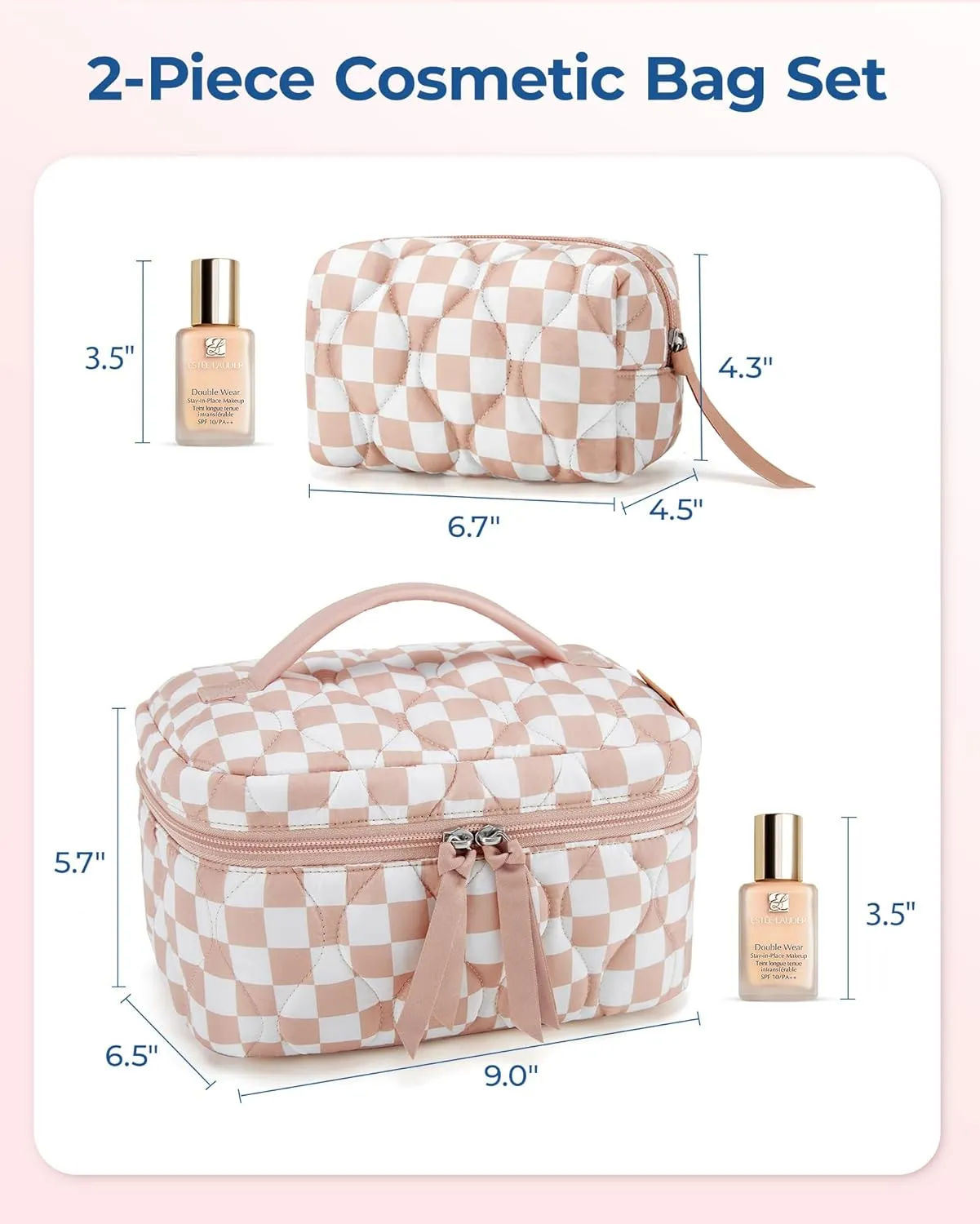 BAGSMART Travel Makeup Bag, 2-Piece Puffy Quilted Cute Make Up Bag Cosmetic Bags for Women, Large Wide-Open Toiletry Pouch Gifts for Toiletries Accessories Travelling Essentials, Checkered Khaki