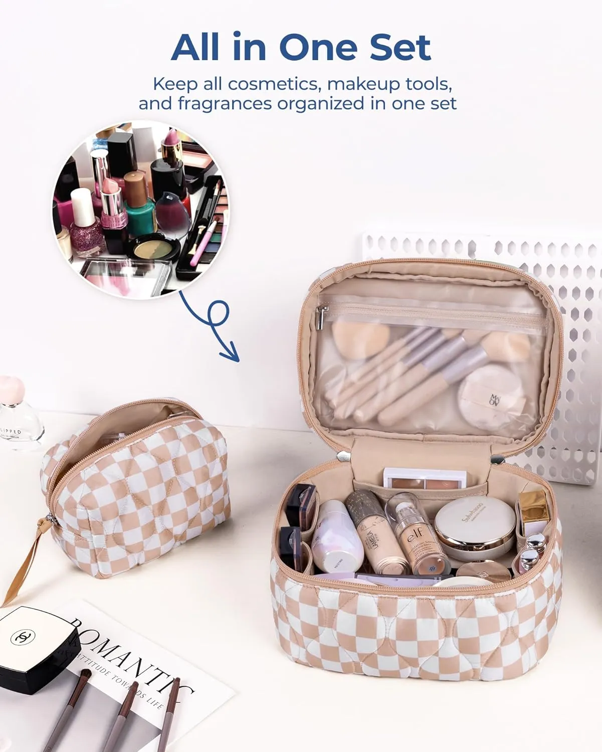 BAGSMART Travel Makeup Bag, 2-Piece Puffy Quilted Cute Make Up Bag Cosmetic Bags for Women, Large Wide-Open Toiletry Pouch Gifts for Toiletries Accessories Travelling Essentials, Checkered Khaki