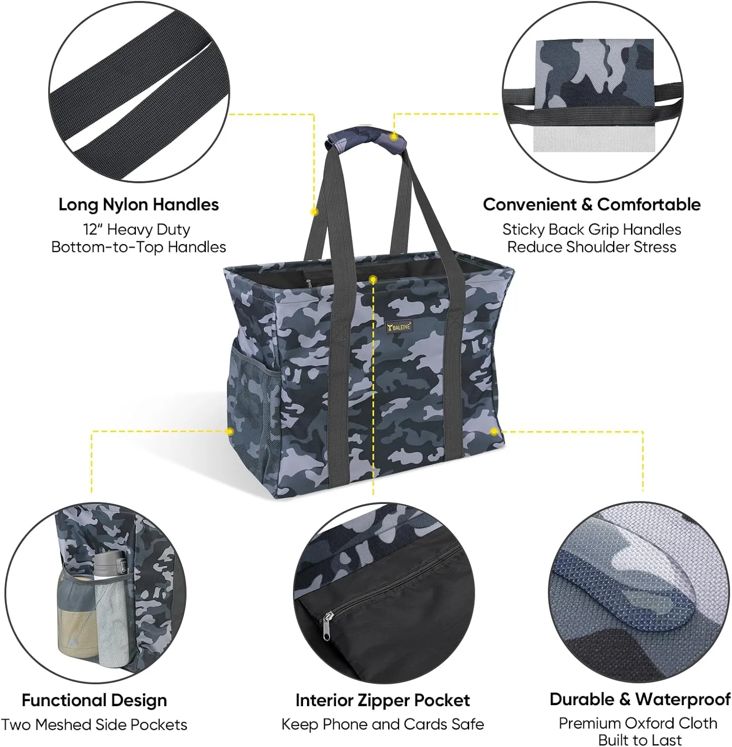 BALEINE Extra Large Utility Tote Bag with Wire Frame for Storage (Grey Camouflage, 16.5''x14''x10'')