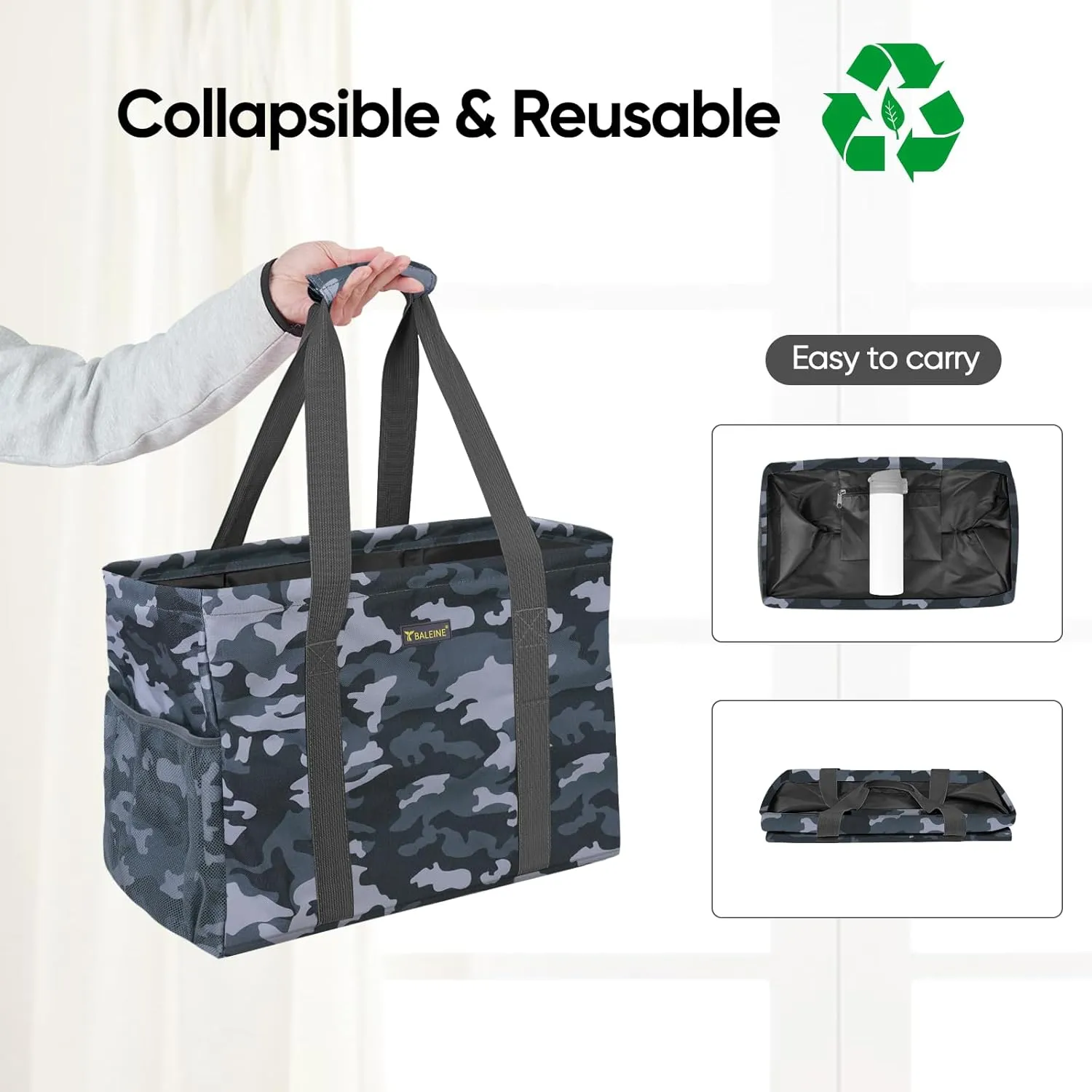 BALEINE Extra Large Utility Tote Bag with Wire Frame for Storage (Grey Camouflage, 16.5''x14''x10'')