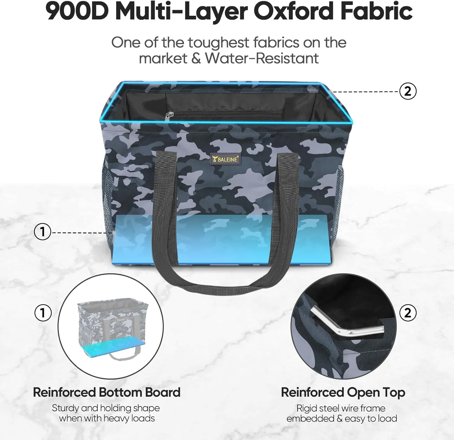 BALEINE Extra Large Utility Tote Bag with Wire Frame for Storage (Grey Camouflage, 16.5''x14''x10'')