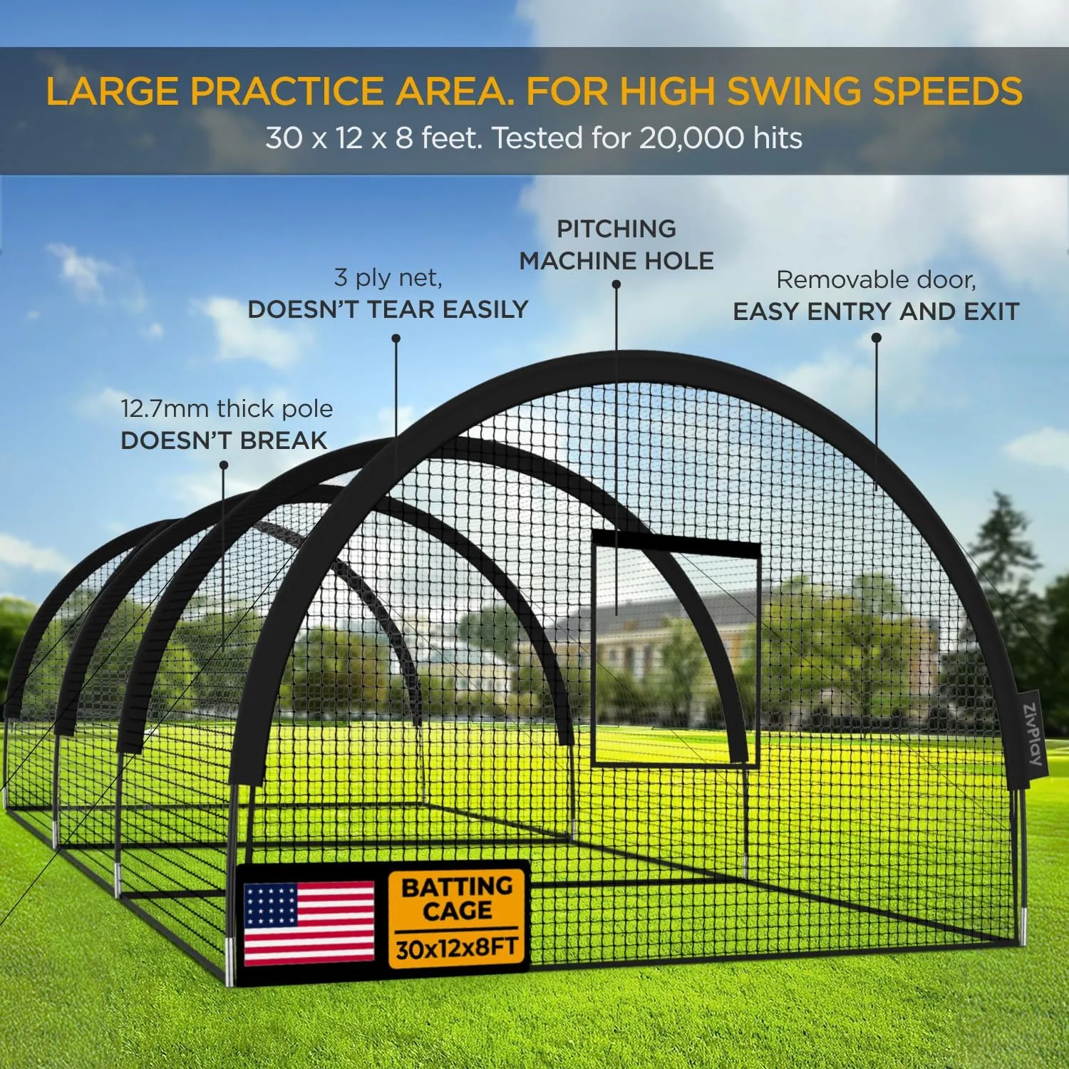 Baseball Batting Cage Net Batting Cages for Backyard Portable Pop Up Cage for Baseball and Softball with Pitching Machine Hole and Detachable Door