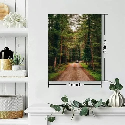 Bathroom Wall Art An off-road car traveling on a dirt road through a lush forest. Pictures Wall Decor Framed Canvas Wall Art for Bedroom Artwork Paintings Living Room Kitchen Farmhouse 16x20