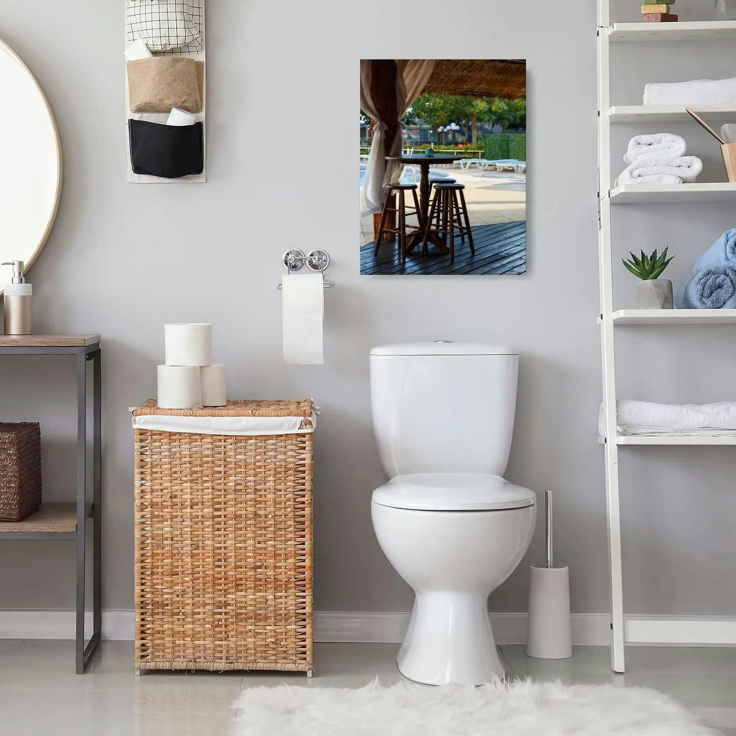 Bathroom Wall Art Nobody seat at the wooden stool at the restaurant open air at noon Pictures Wall Decor Framed Canvas Wall Art for Bedroom Artwork Paintings Living Room Kitchen Farmhouse 16x20