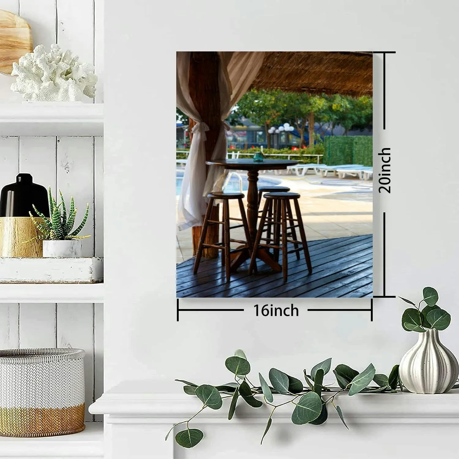 Bathroom Wall Art Nobody seat at the wooden stool at the restaurant open air at noon Pictures Wall Decor Framed Canvas Wall Art for Bedroom Artwork Paintings Living Room Kitchen Farmhouse 16x20