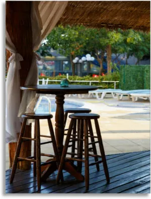 Bathroom Wall Art Nobody seat at the wooden stool at the restaurant open air at noon Pictures Wall Decor Framed Canvas Wall Art for Bedroom Artwork Paintings Living Room Kitchen Farmhouse 16x20
