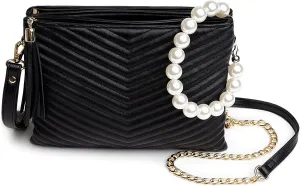 Before & Ever Double Pouch Wristlet Clutch Purses for Women - Large Evening Clutch Bag with White Pearls Crossbody
