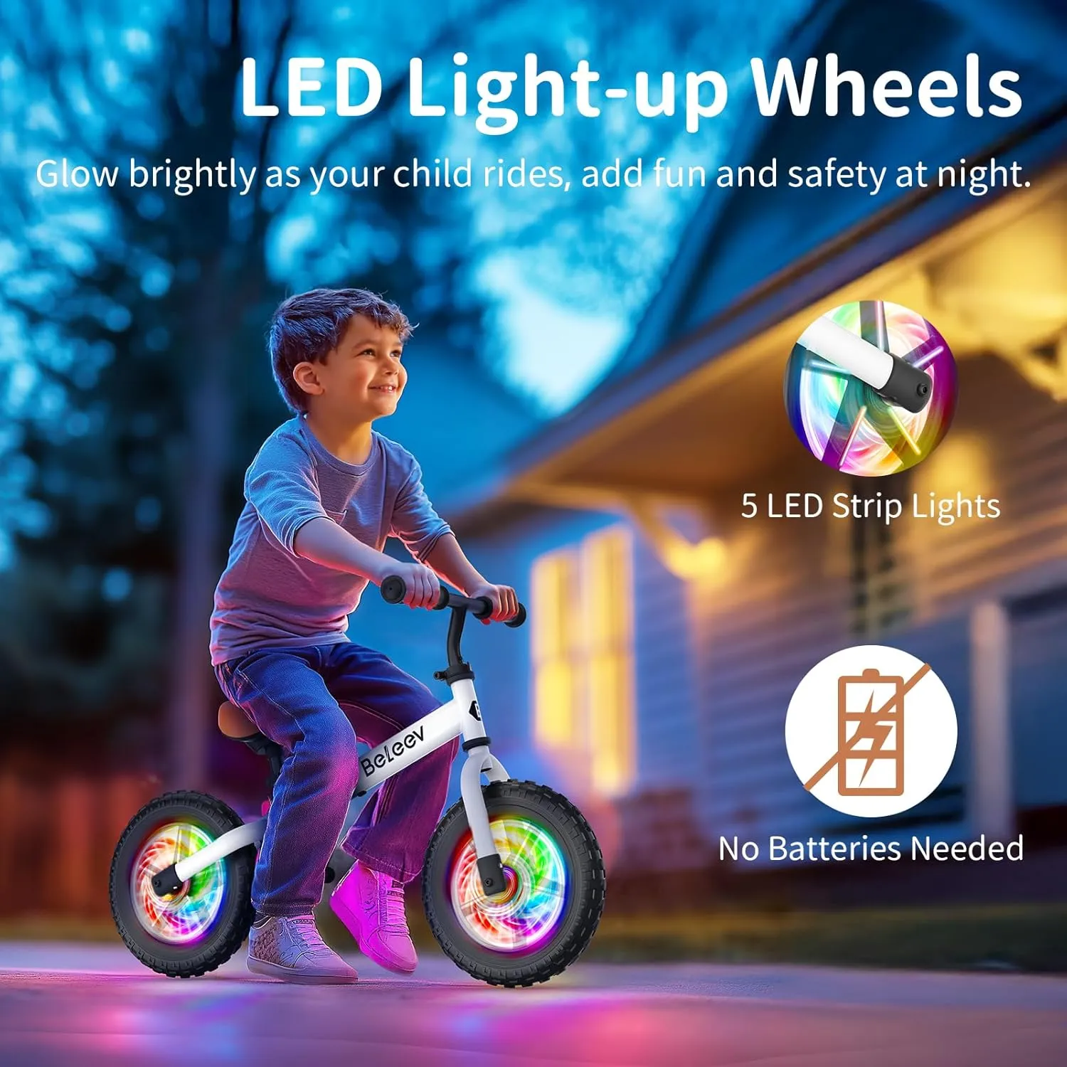 BELEEV C2 Toddler Balance Bike for 2-5 Year Olds with LED Light-Up Wheels, Adjustable Seat & Handlebar & Footrest, 12 inch No-Pedal Training Kids Push Bicycle - First Birthday Gift for Boys & Girls