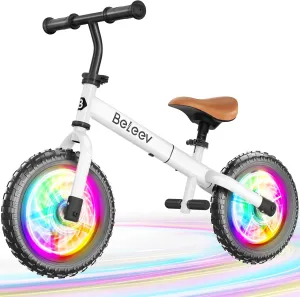 BELEEV C2 Toddler Balance Bike for 2-5 Year Olds with LED Light-Up Wheels, Adjustable Seat & Handlebar & Footrest, 12 inch No-Pedal Training Kids Push Bicycle - First Birthday Gift for Boys & Girls