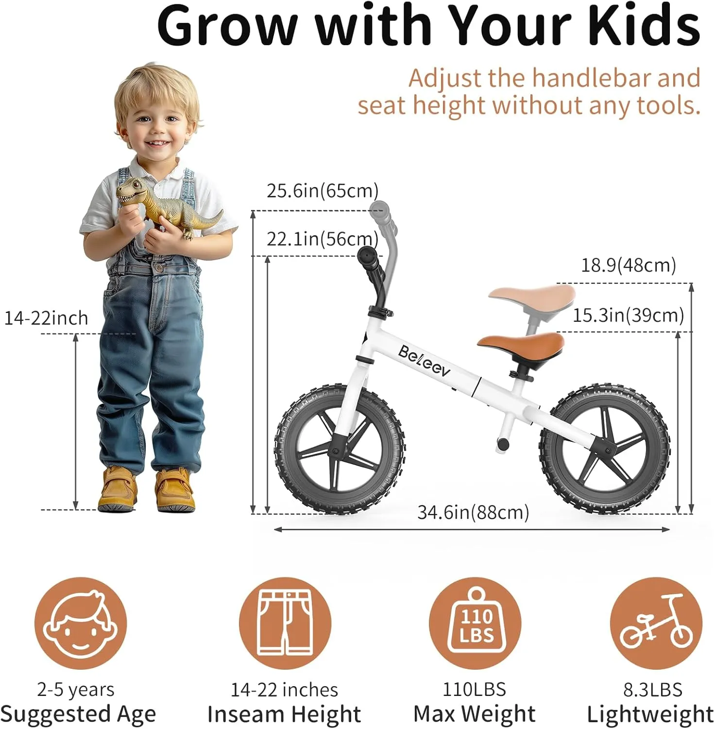 BELEEV C2 Toddler Balance Bike for 2-5 Year Olds with LED Light-Up Wheels, Adjustable Seat & Handlebar & Footrest, 12 inch No-Pedal Training Kids Push Bicycle - First Birthday Gift for Boys & Girls