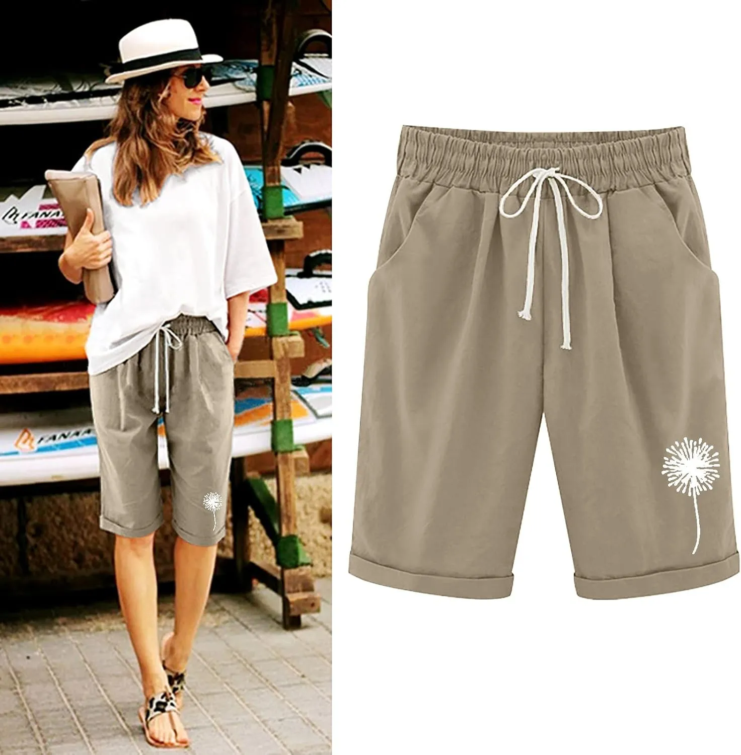 Bermuda Shorts for Women 2025 Casual Summer Beach Drawstring Shorts with Pocket Knee Length Loose Cute Vacation Short