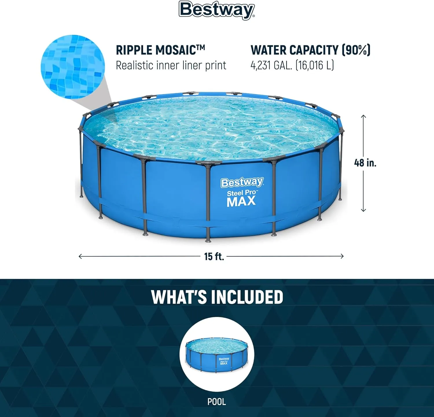 Bestway Steel Pro MAX 15’ x 48" Round Metal Steel Frame Above Ground Outdoor Backyard Family Swimming Pool, POOL ONLY