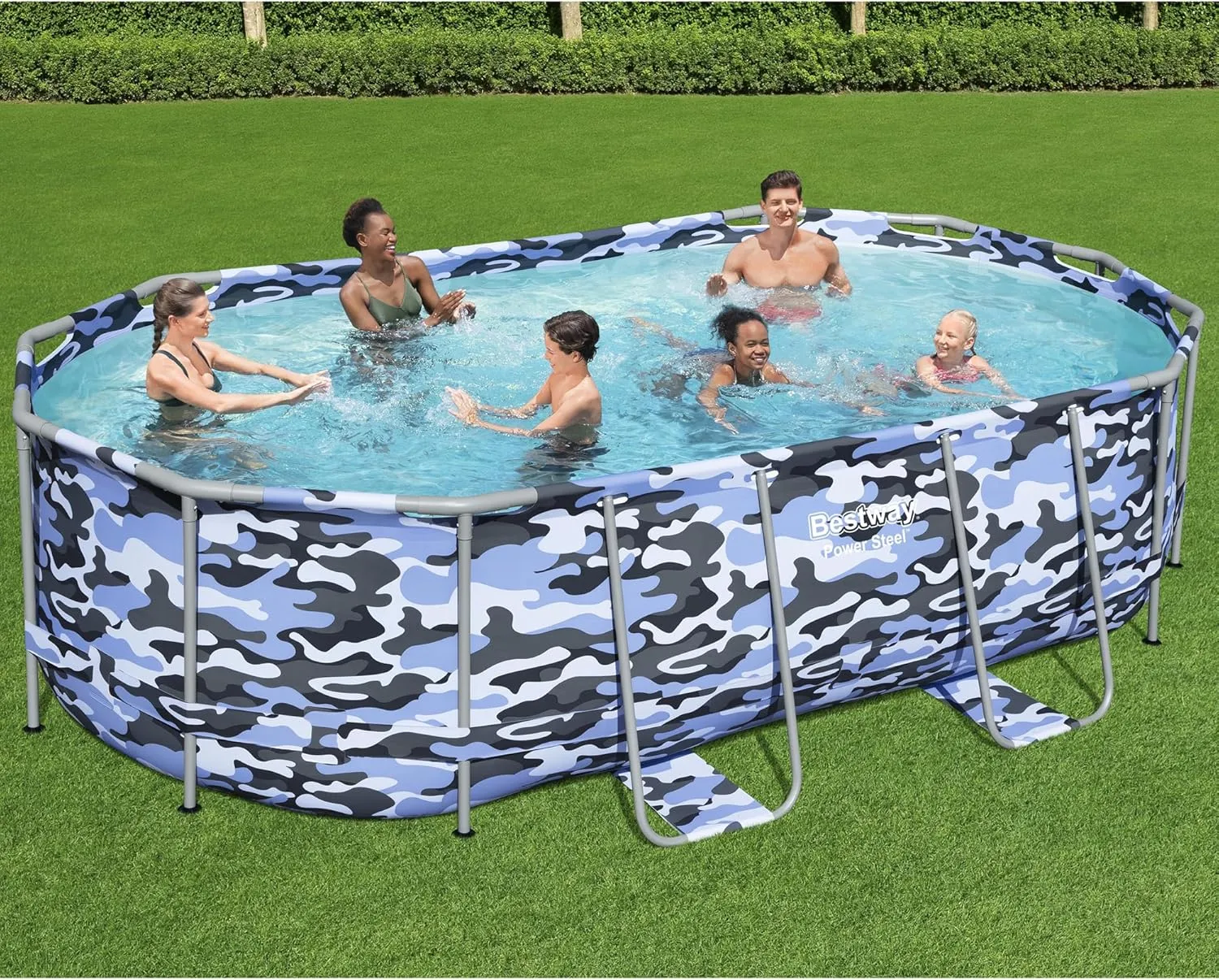 Bestway: Steel Pro Max - Oval Swimming Pool Set - 14' x 8'2" x 39.5, Blue Camo - Above Ground, Tritech Construction, Filter Pump, Ladder, 1,915 Gal.
