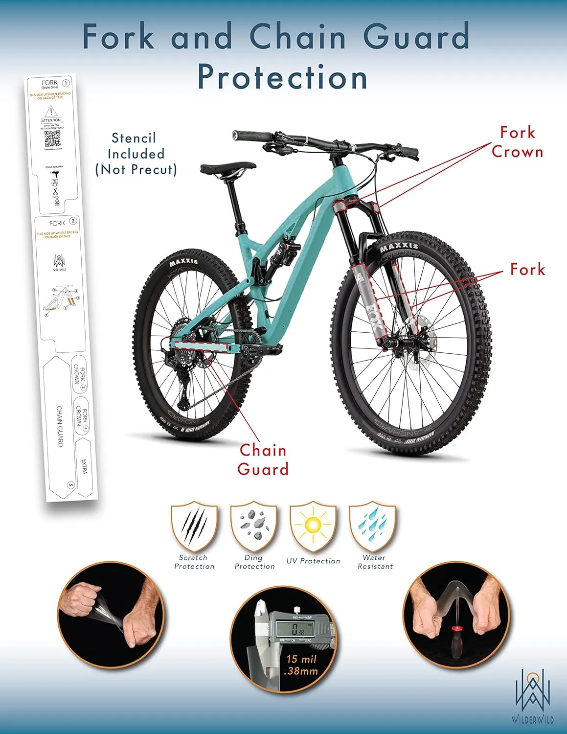 Bike Fork and Chainstay Protector - High Impact Clear Vinyl Wrap (4"x36") Frame Protection, MTN Frame Protector, Wrap Guard Helicopter Tape