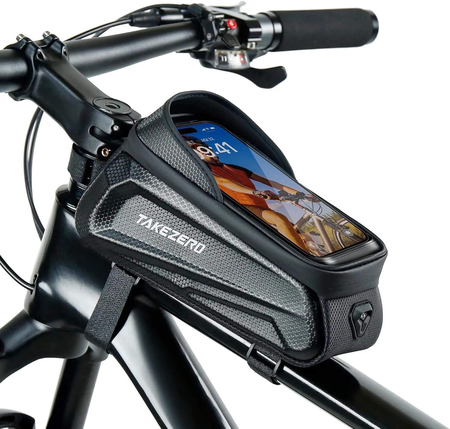 Bike Phone Bag Waterproof Bicycle Front Frame Bag Bike Phone Mount Bag EVA Hard Shell Bike Phone Pouch Compatible with iPhone Below 6.8”(Black)