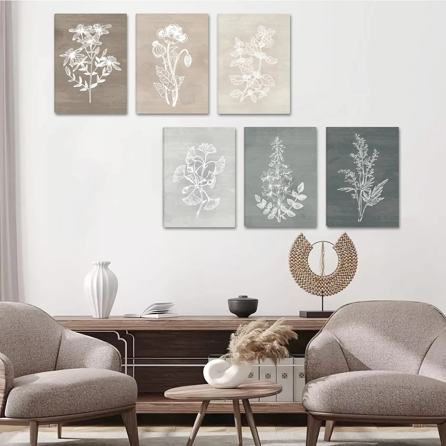 BINCUE Neutral Botanical Plant Canvas 6 Pieces Rustic Farmhouse Wall Art for Living Room Bedroom and Bathroom,Canvas Paintings Print Set Decor 12"x 16"