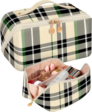 Bistup Makeup Bag Travel Cosmetic Bag Toiletry Make Up Bags Cute Women Large Capacity Big Medium Leather Checkered Plaid Aesthetic Girl Teen Teenage Foldable Expandable Open Flat Zip