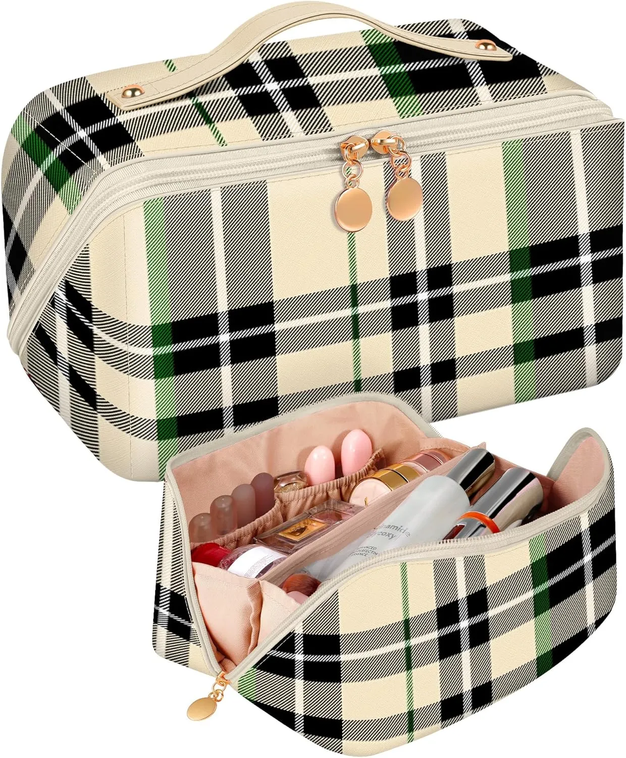 Bistup Makeup Bag Travel Cosmetic Bag Toiletry Make Up Bags Cute Women Large Capacity Big Medium Leather Checkered Plaid Aesthetic Girl Teen Teenage Foldable Expandable Open Flat Zip