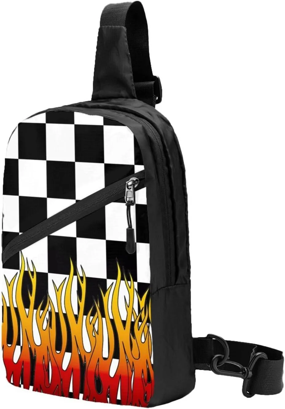 Black and White Checkered Racing Flames Flag Portable Sling Bags Packable Crossbody Bag Foldable Sport Daypack Reusable Shoulder Backpack Diagonally Chest Bag for Workout Travel