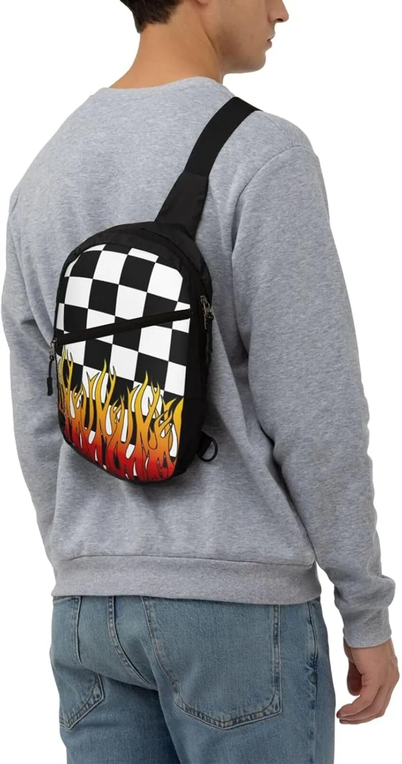 Black and White Checkered Racing Flames Flag Portable Sling Bags Packable Crossbody Bag Foldable Sport Daypack Reusable Shoulder Backpack Diagonally Chest Bag for Workout Travel