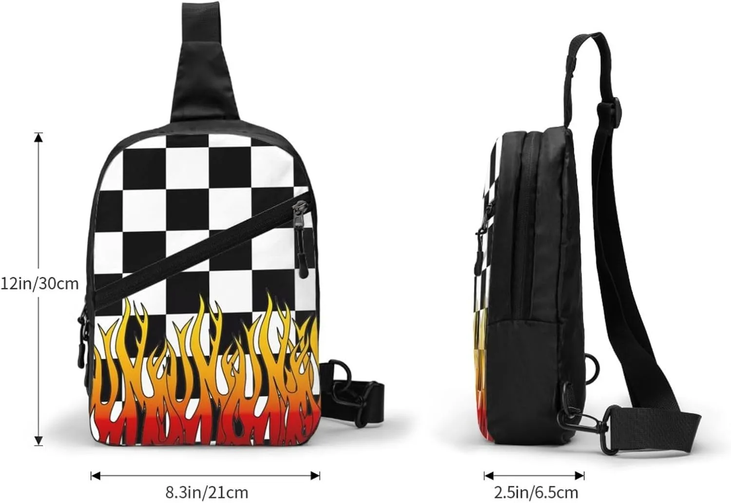 Black and White Checkered Racing Flames Flag Portable Sling Bags Packable Crossbody Bag Foldable Sport Daypack Reusable Shoulder Backpack Diagonally Chest Bag for Workout Travel
