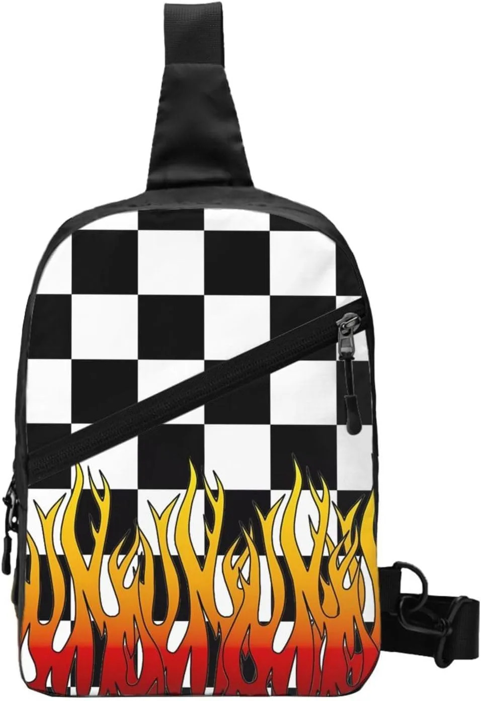 Black and White Checkered Racing Flames Flag Portable Sling Bags Packable Crossbody Bag Foldable Sport Daypack Reusable Shoulder Backpack Diagonally Chest Bag for Workout Travel