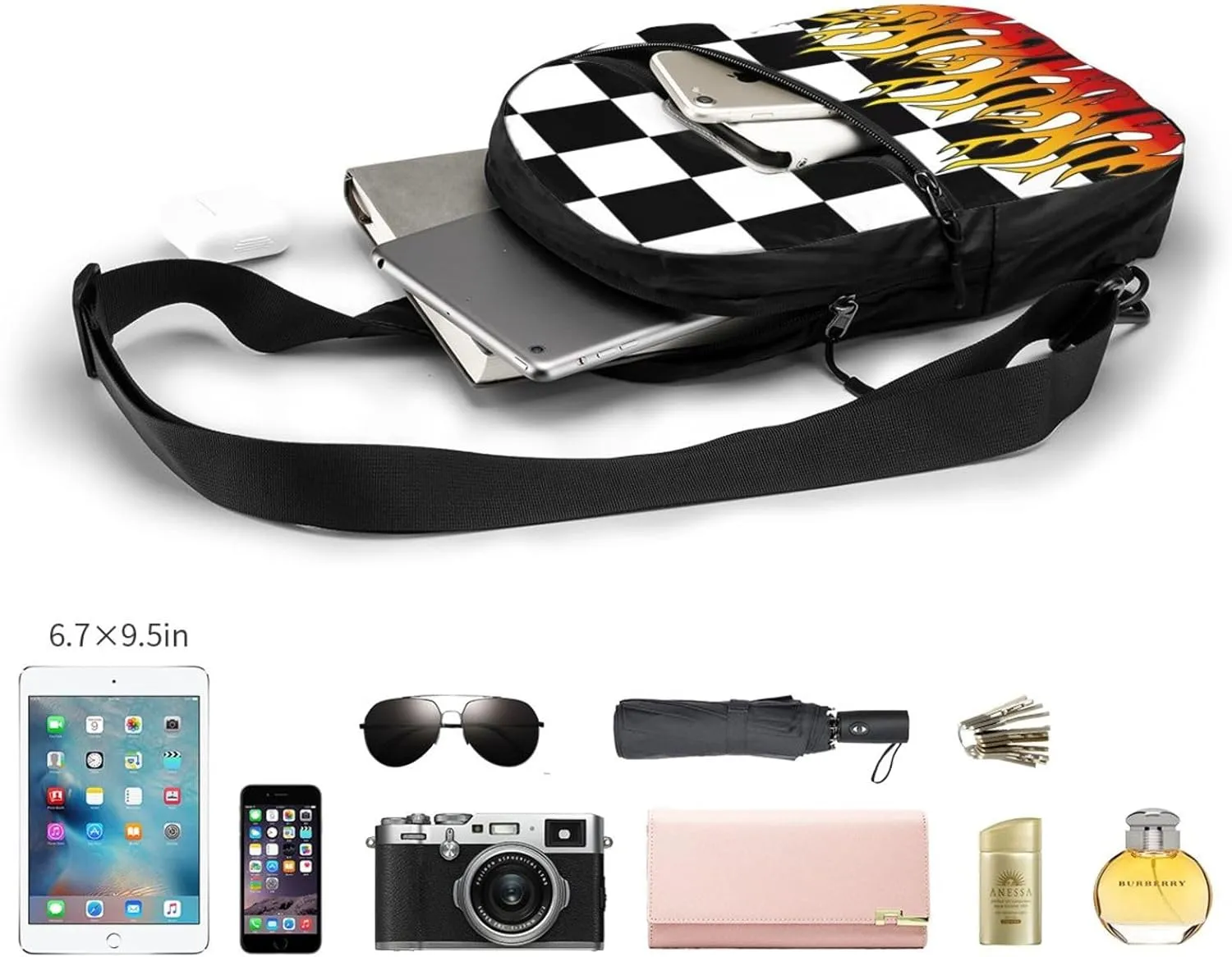 Black and White Checkered Racing Flames Flag Portable Sling Bags Packable Crossbody Bag Foldable Sport Daypack Reusable Shoulder Backpack Diagonally Chest Bag for Workout Travel