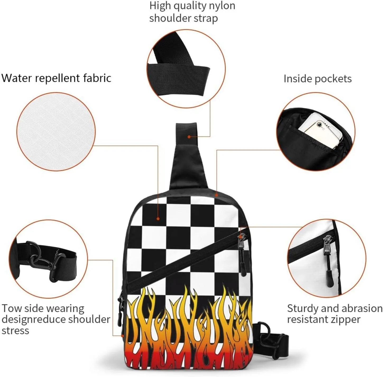Black and White Checkered Racing Flames Flag Portable Sling Bags Packable Crossbody Bag Foldable Sport Daypack Reusable Shoulder Backpack Diagonally Chest Bag for Workout Travel