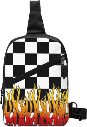 Black and White Checkered Racing Flames Flag Portable Sling Bags Packable Crossbody Bag Foldable Sport Daypack Reusable Shoulder Backpack Diagonally Chest Bag for Workout Travel