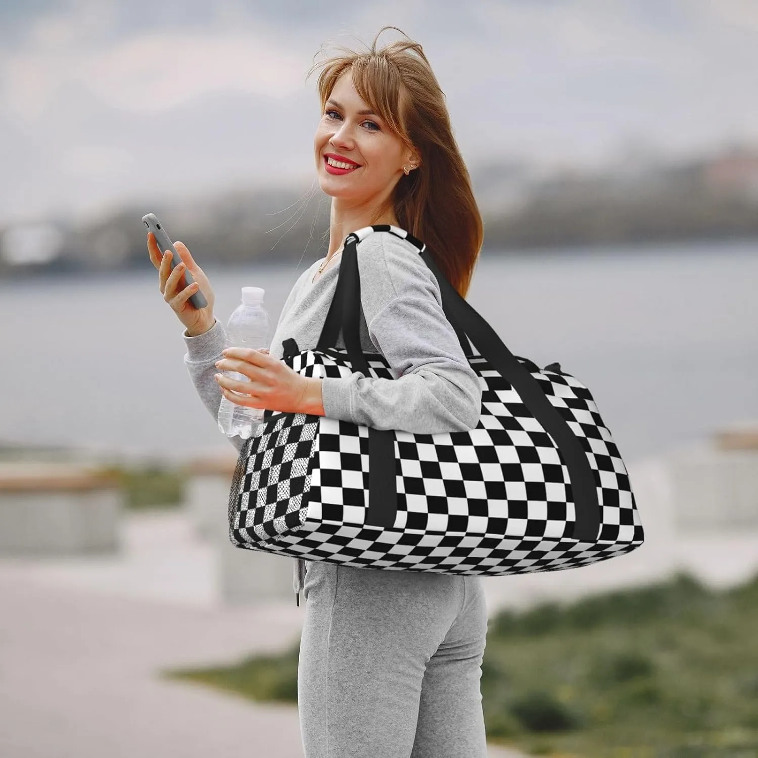 Black And White Checkered Travel Weekender Overnight Bags Foldable Hand Travel Bag Sport Gym Duffel Bag For Men Women