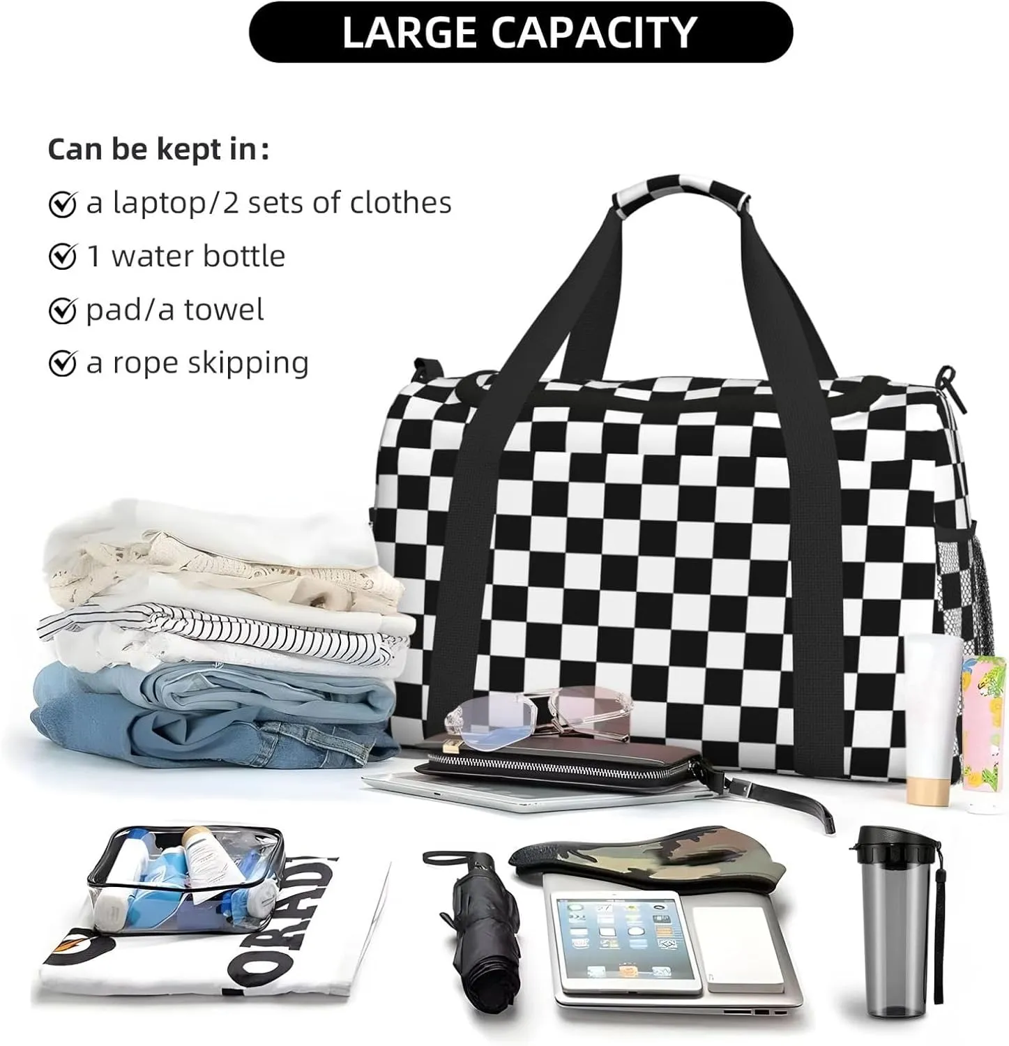 Black And White Checkered Travel Weekender Overnight Bags Foldable Hand Travel Bag Sport Gym Duffel Bag For Men Women