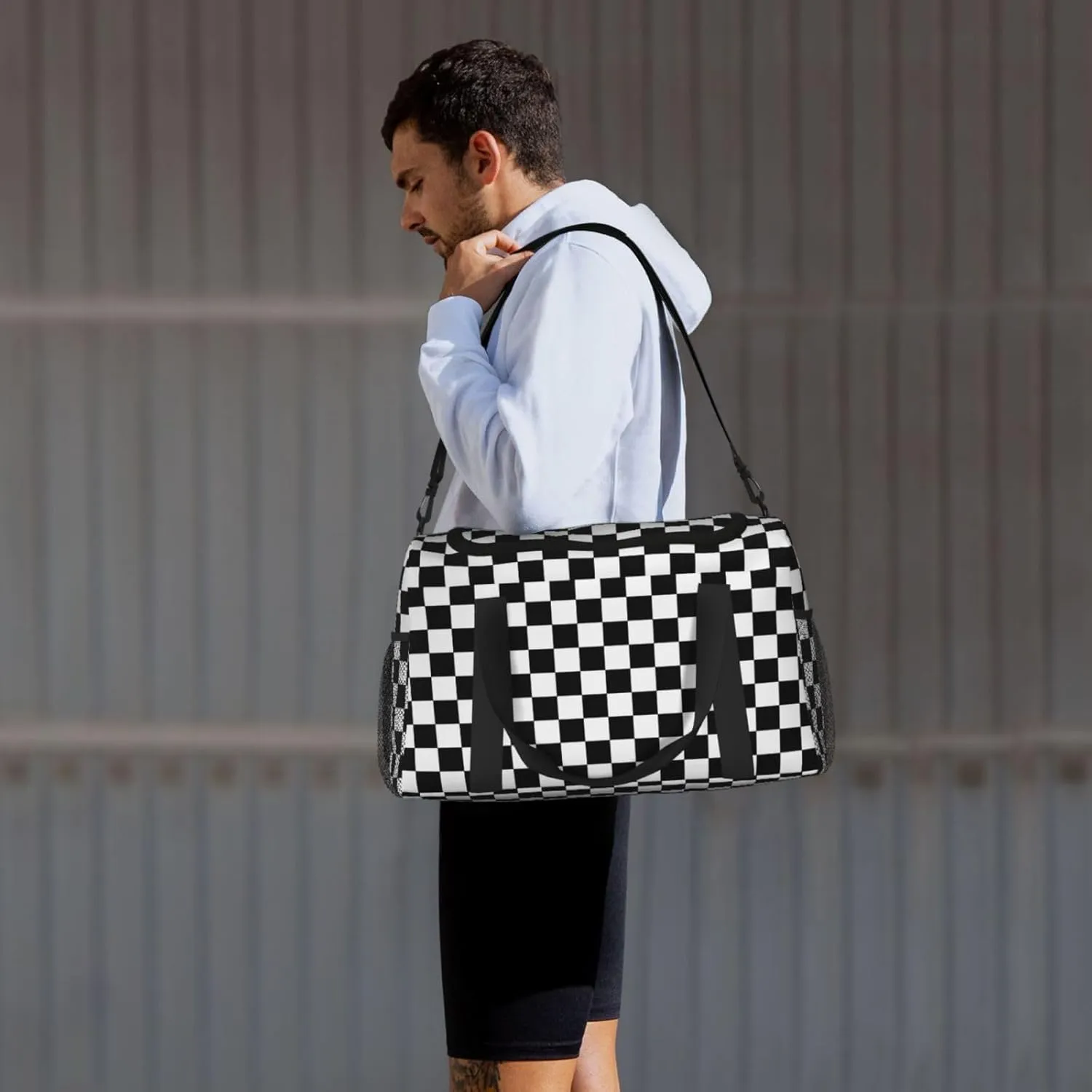 Black And White Checkered Travel Weekender Overnight Bags Foldable Hand Travel Bag Sport Gym Duffel Bag For Men Women