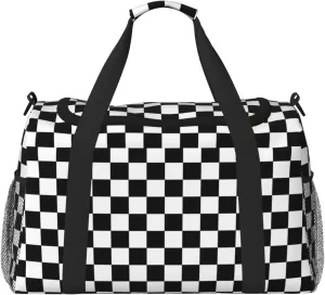 Black And White Checkered Travel Weekender Overnight Bags Foldable Hand Travel Bag Sport Gym Duffel Bag For Men Women