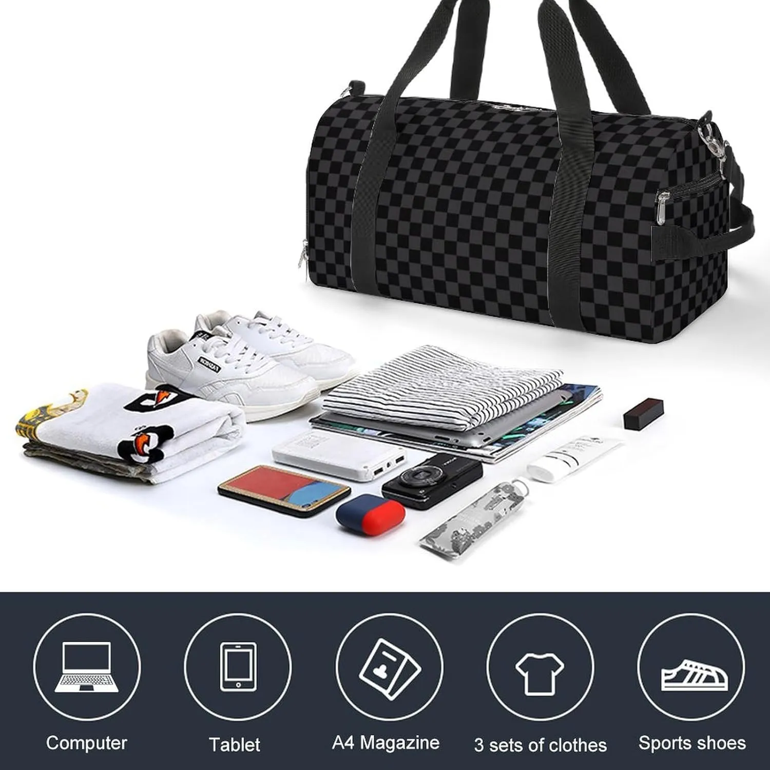 Black Checkered flag Sport Gym Duffle Travel Bag with Shoe Compartment,Wet Pocket for Men and Women