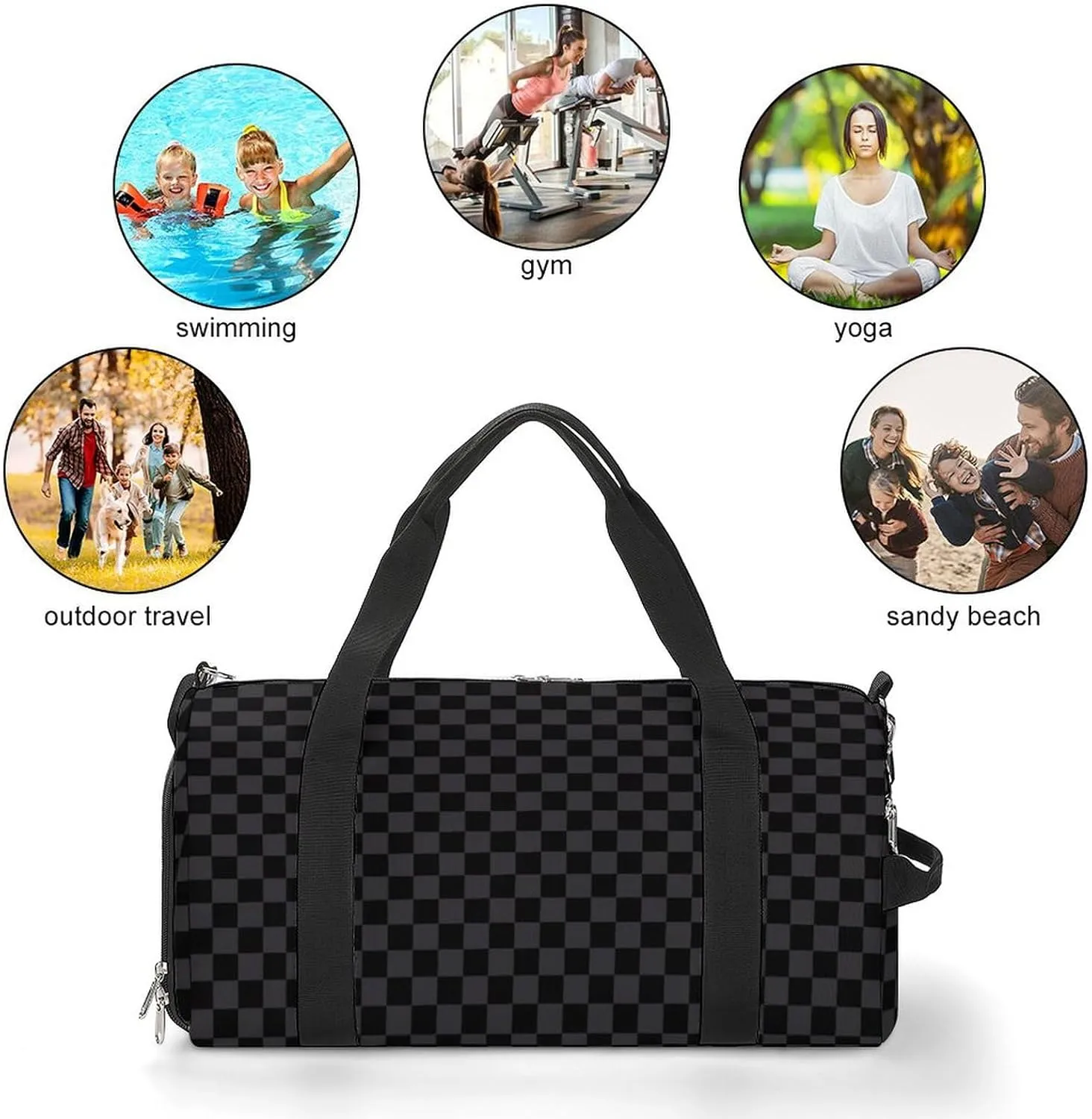 Black Checkered flag Sport Gym Duffle Travel Bag with Shoe Compartment,Wet Pocket for Men and Women