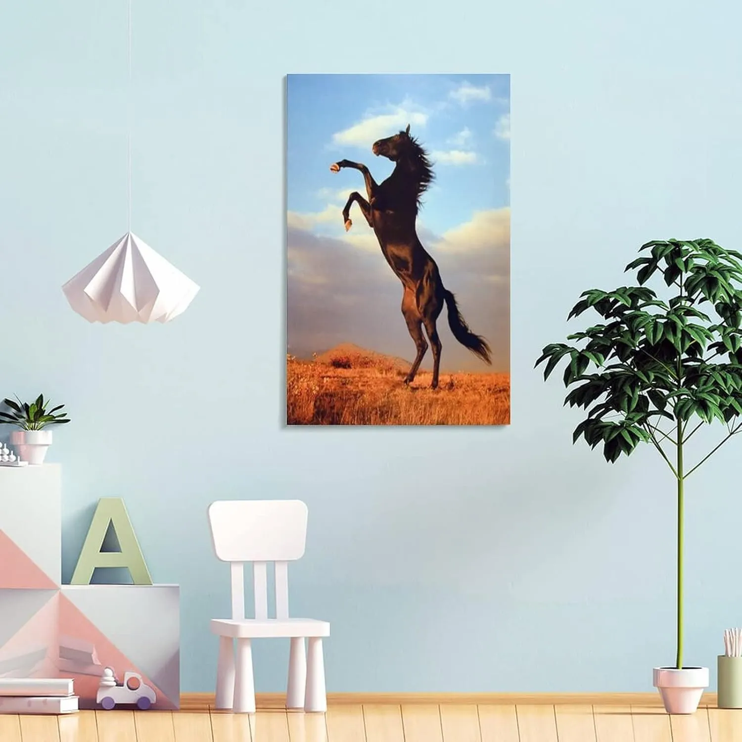 Black Mustang Brown Horse Running in The Prairie Black Unique Home Office Art Posters (3) Canvas Wall Art Prints for Wall Decor Room Decor Bedroom Decor Gifts 08x12inch(20x30cm) Frame-Style