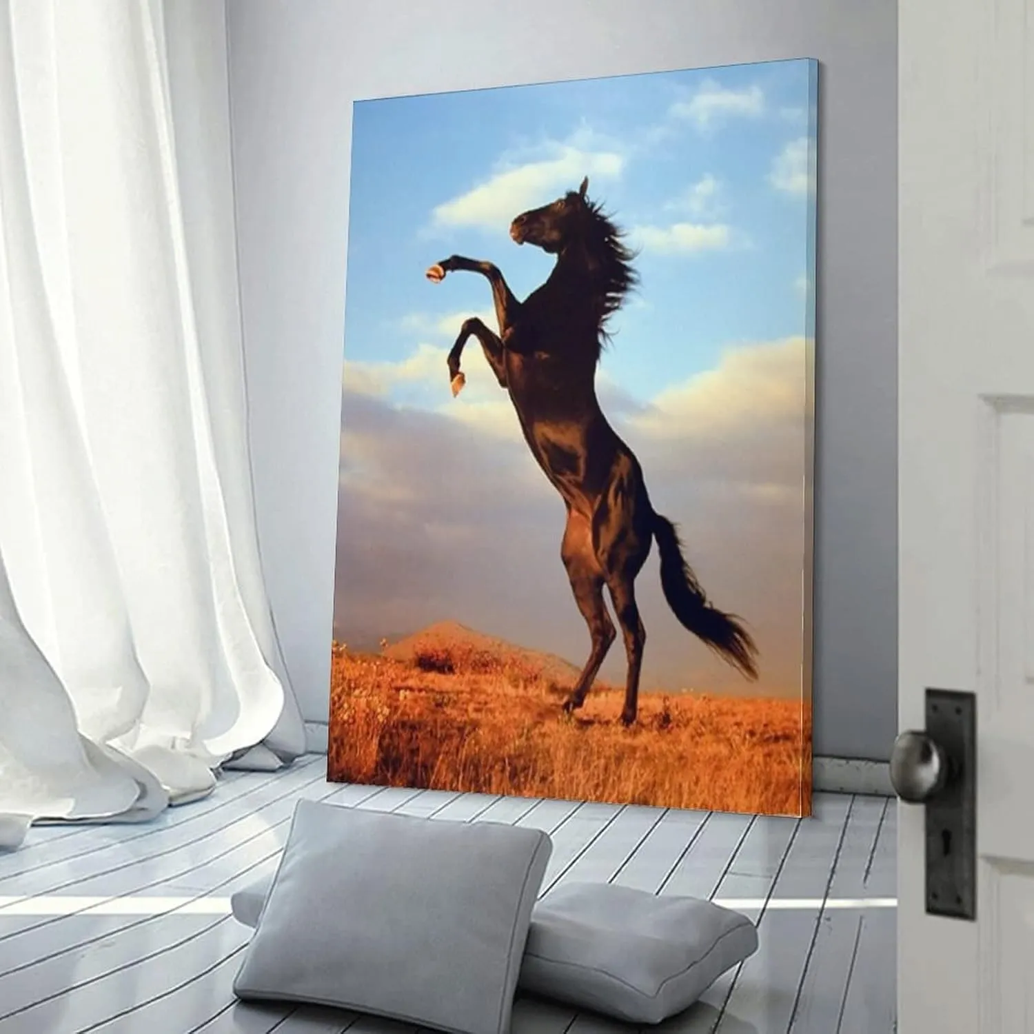 Black Mustang Brown Horse Running in The Prairie Black Unique Home Office Art Posters (3) Canvas Wall Art Prints for Wall Decor Room Decor Bedroom Decor Gifts 08x12inch(20x30cm) Frame-Style