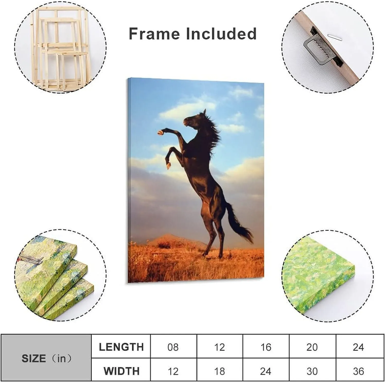 Black Mustang Brown Horse Running in The Prairie Black Unique Home Office Art Posters (3) Canvas Wall Art Prints for Wall Decor Room Decor Bedroom Decor Gifts 08x12inch(20x30cm) Frame-Style