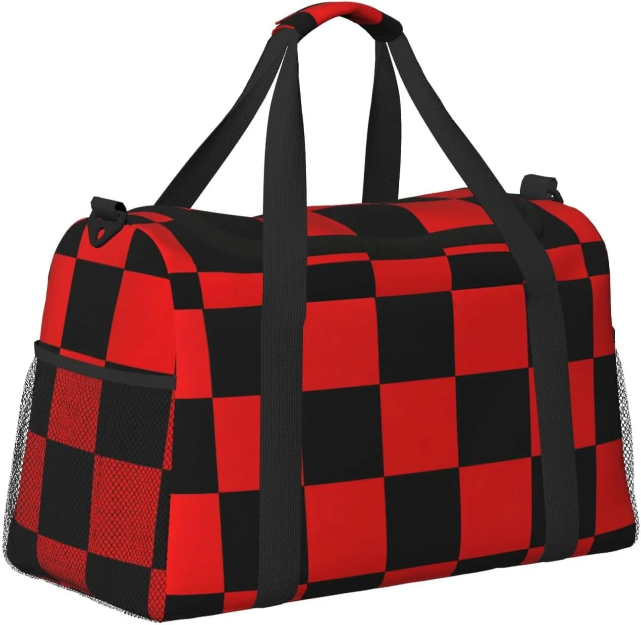 Black Red Checkered Duffle Bag Foldable Travel Tote Bag Carry On Large Weekender Overnight Bags Waterproof Gym Bag For Women Men