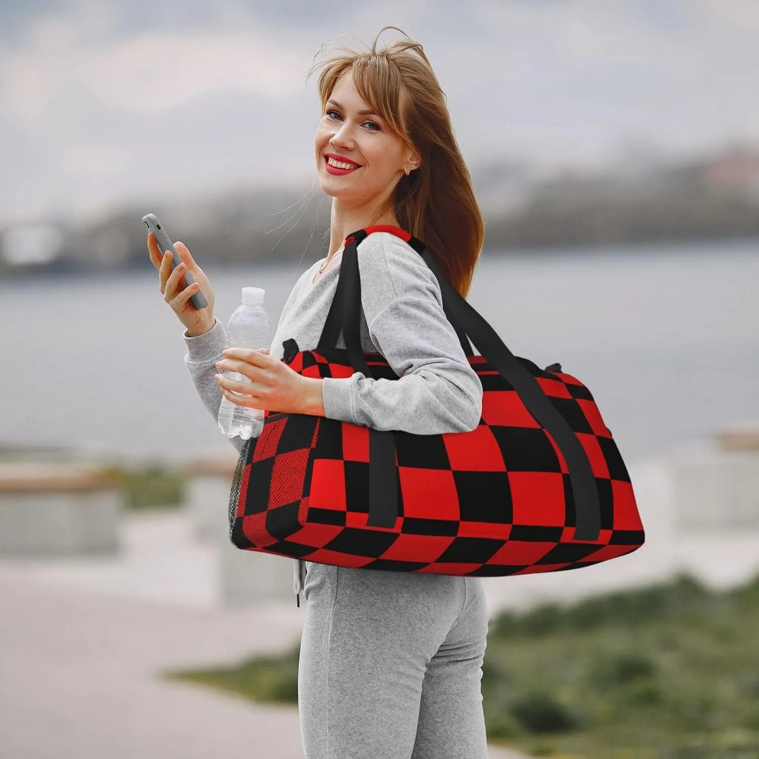 Black Red Checkered Duffle Bag Foldable Travel Tote Bag Carry On Large Weekender Overnight Bags Waterproof Gym Bag For Women Men