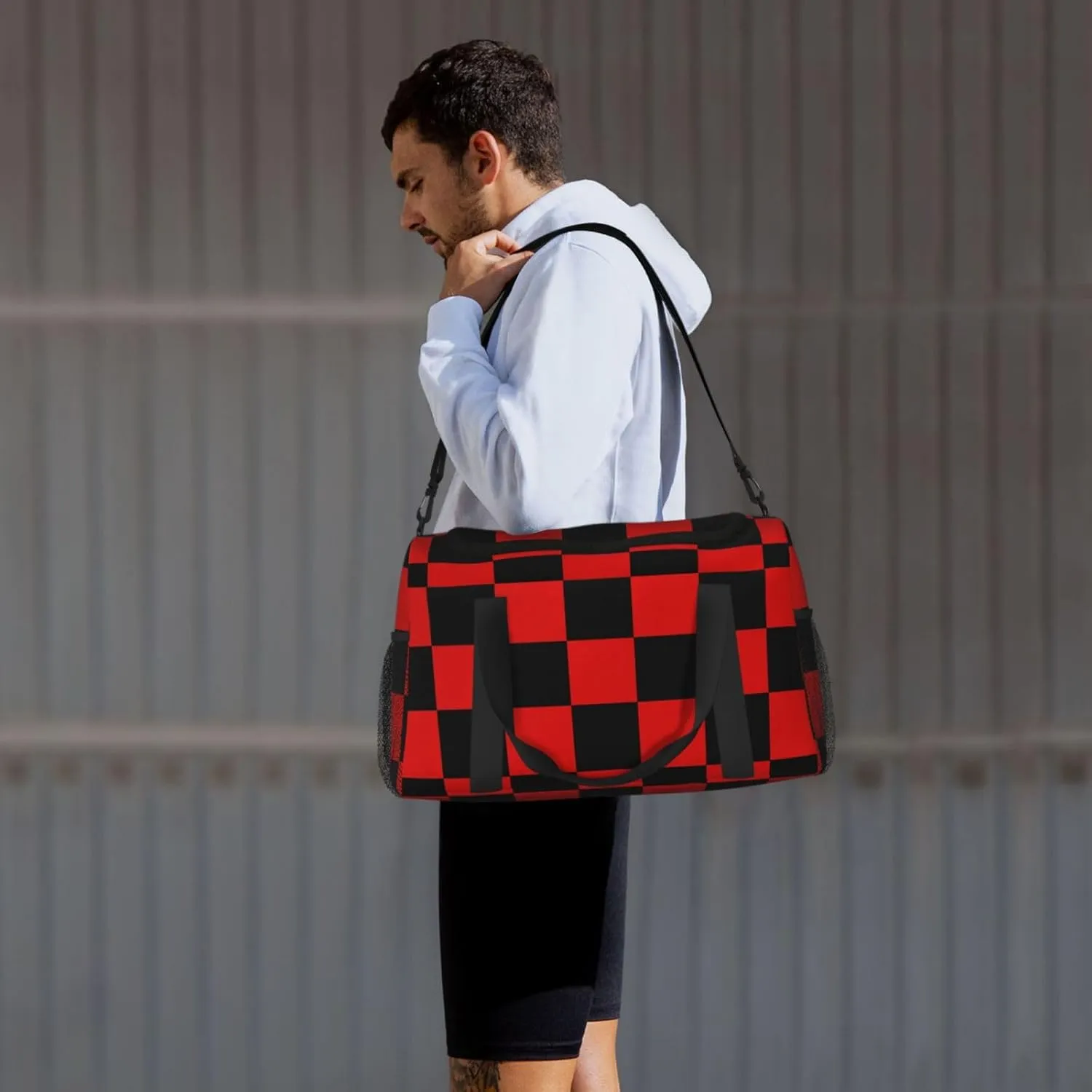 Black Red Checkered Duffle Bag Foldable Travel Tote Bag Carry On Large Weekender Overnight Bags Waterproof Gym Bag For Women Men