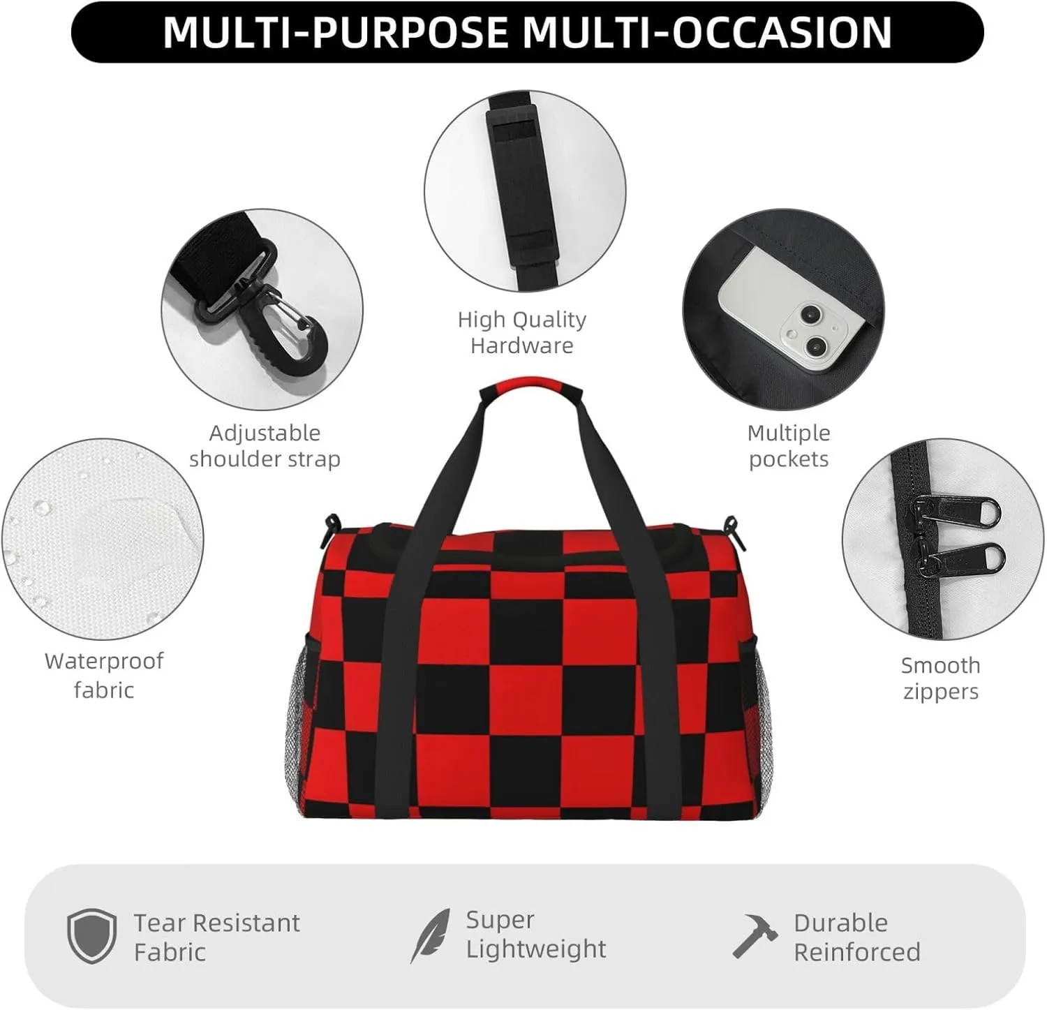 Black Red Checkered Duffle Bag Foldable Travel Tote Bag Carry On Large Weekender Overnight Bags Waterproof Gym Bag For Women Men