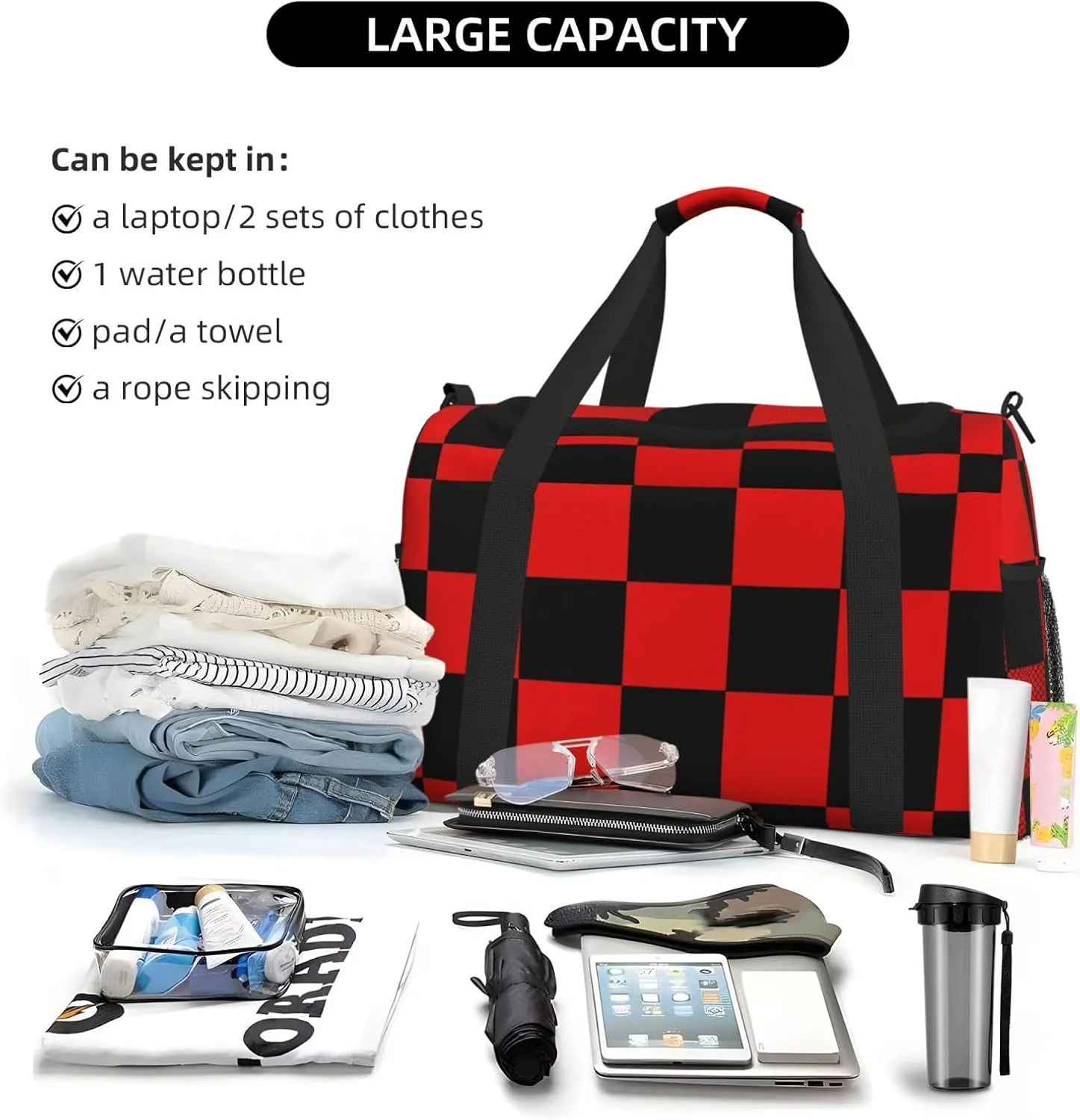 Black Red Checkered Duffle Bag Foldable Travel Tote Bag Carry On Large Weekender Overnight Bags Waterproof Gym Bag For Women Men