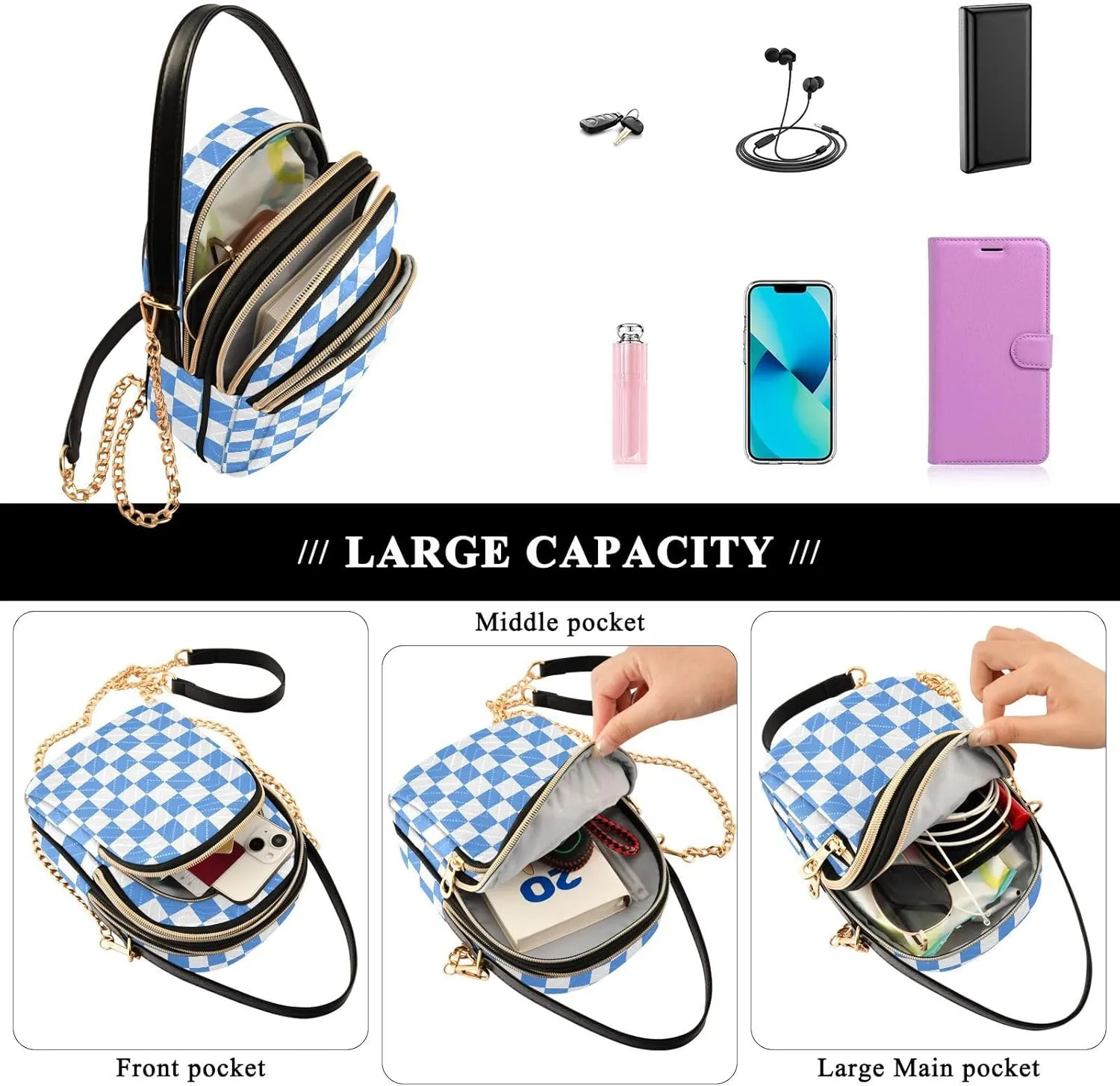 Black White Checkered Crossbody Bag for Women Shoulder Handbag Ladies Purse Cell Phone Tote Bags
